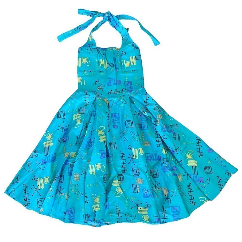 Pinup Couture Womens Fit Flare Dress Mint Green Geometric Halter Stretch XS New